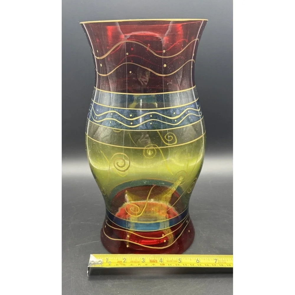 Vintage Pier 1 Hand Painted Glass Hurricane Vase Colorful Swirl 12